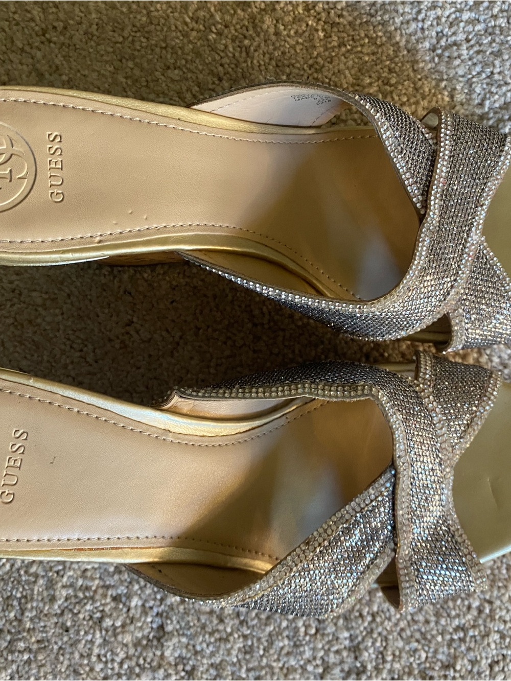 GUESS Women's Glitter Slip-On Heels in Silver and Gold foot area. Size 9 1/2